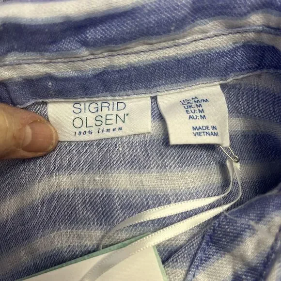 Sigrid Olsen Women's M Blue White Striped 100% Linen Button-Down Shirt Blouse - Picture 5 of 7